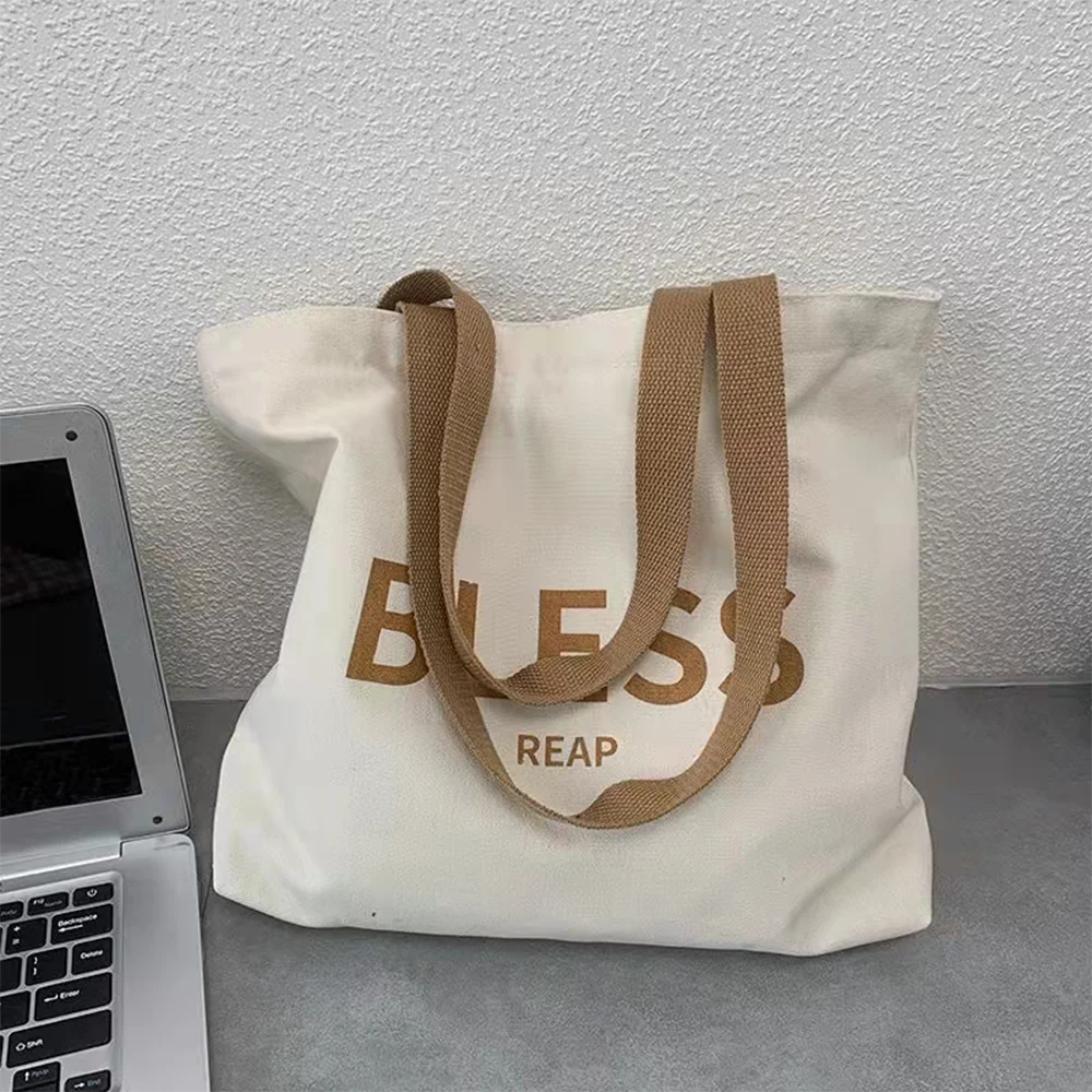 Custom Logo Cotton Canvas Bags Letter Shopping Personalized Printing  Women Canvas Tote Bag