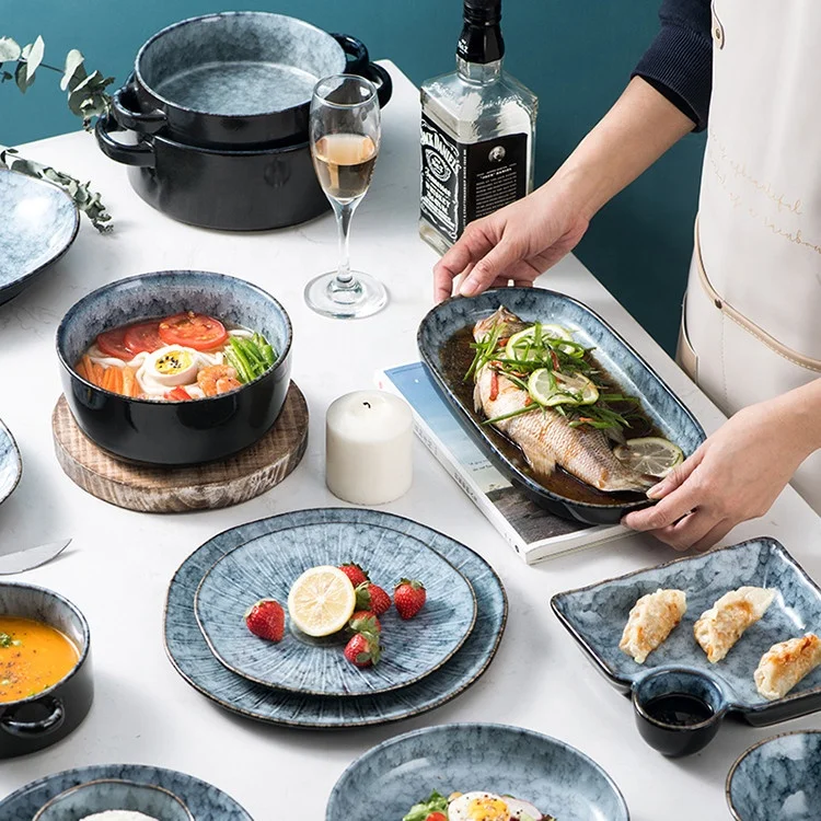 Wholesale customized blue nordic stoneware sets ceramic plates stoneware set reactive glaze plate set