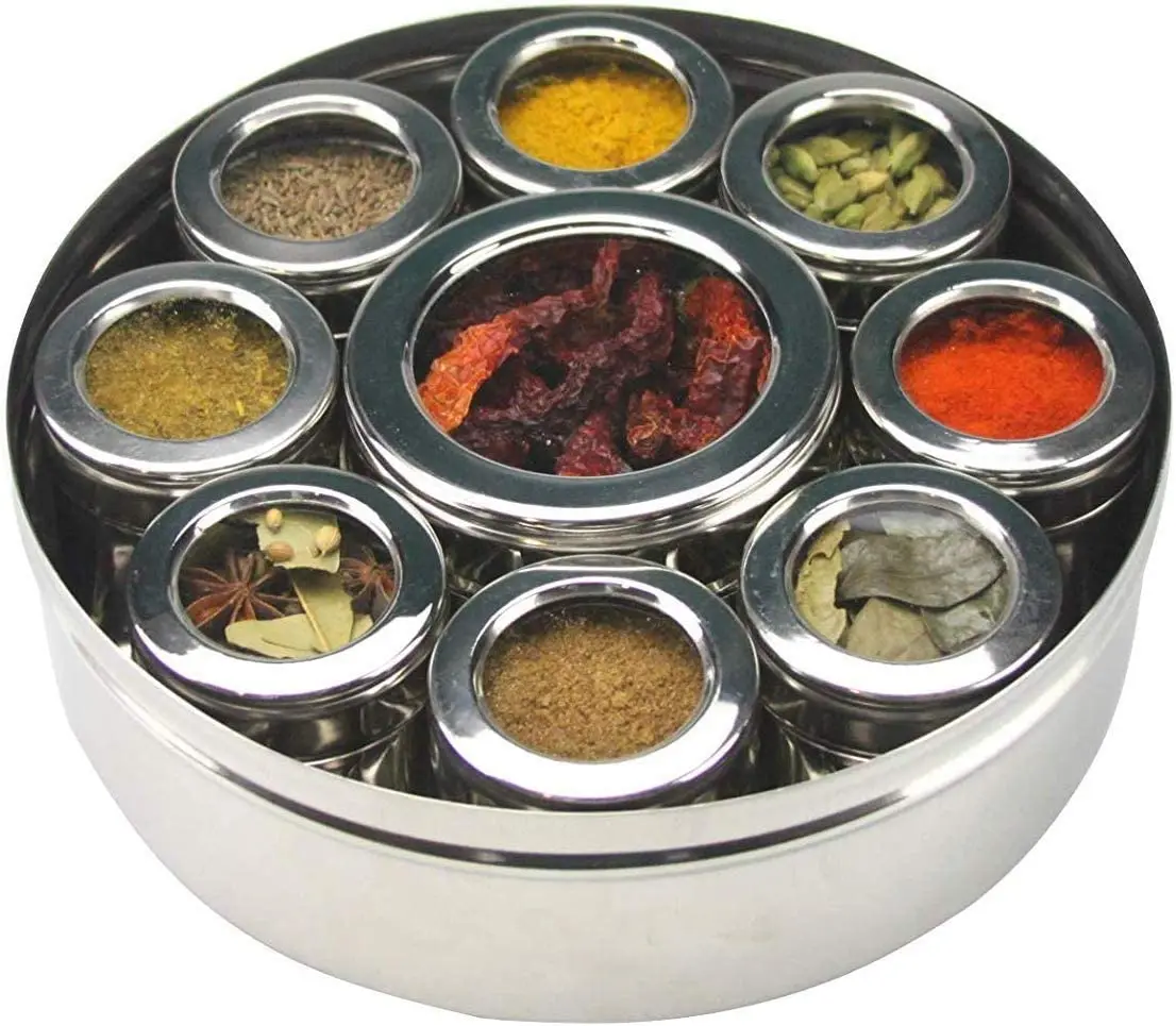 New Factory Arrival High Quality Stainless Steel Spice Box Masala Box With 9 Bowls And SS Cover Plate