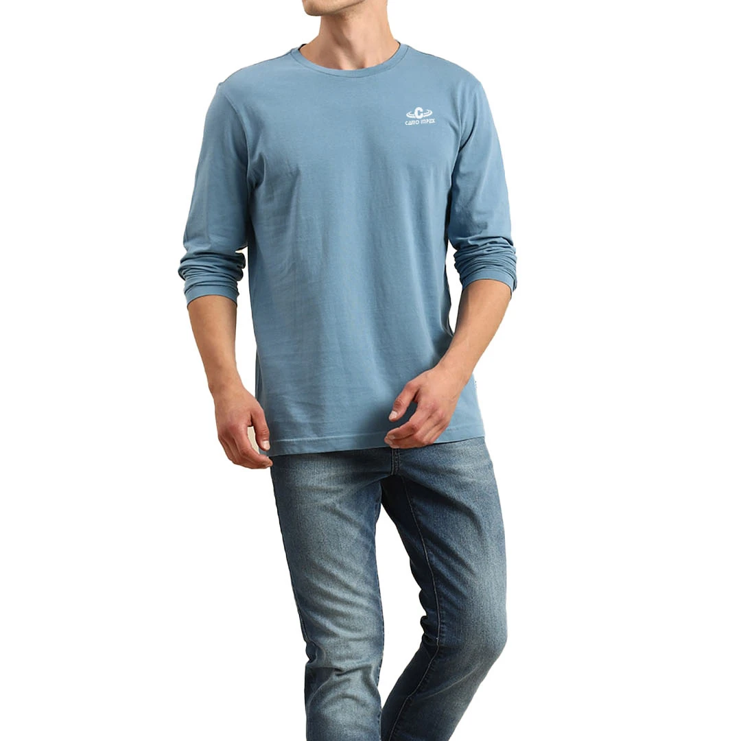 2021 Custom Men Blue Solid Round Neck Long Sleeved Pure Cotton T-shirt With Custom Logo Manufactured By Camo Impex