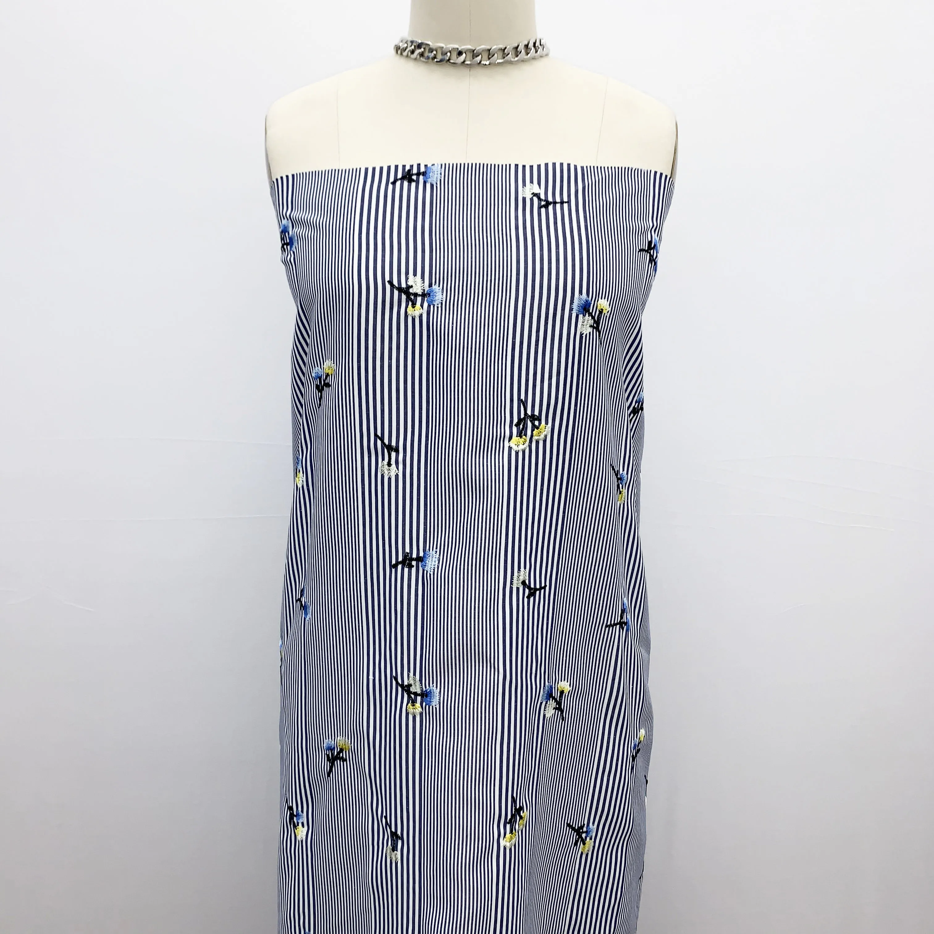 
Black Apricot Flowers Embroidery Drawstring Design on Stripes Cotton Voil Fabric Best Quality Fabric Stylish Fabric Style EB-422 