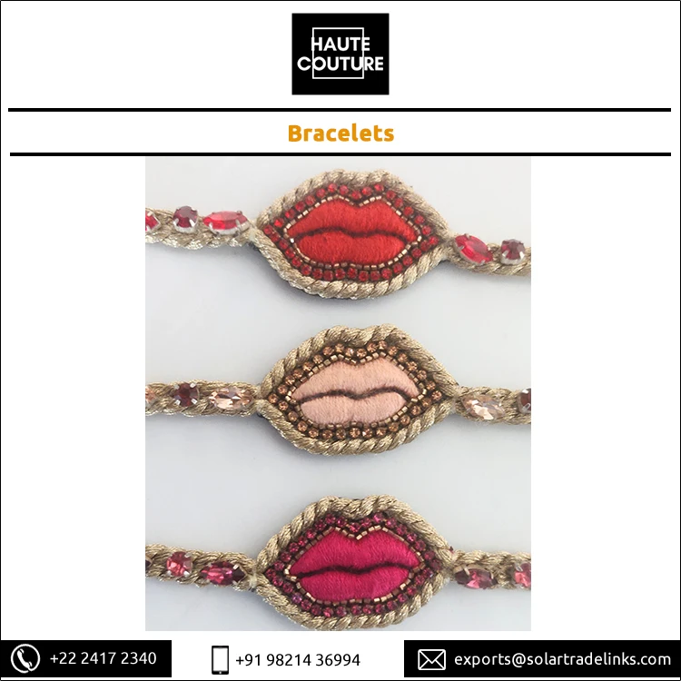 Пользовательский бренд ручная вышивка в форме губ кристаллы сделанные вручную для женщин и девушек дизайнерские браслеты от лучшего поставщика