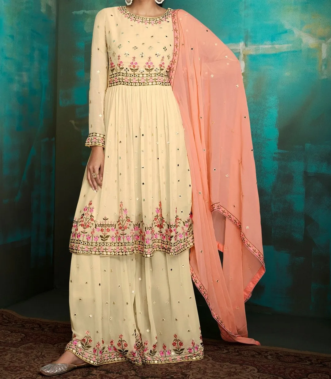 Exclusive Faux Georgette Embroidered Thread Work Stitched Kurta Suit Set Womens Gharara Sharara Latest Style Events Functions