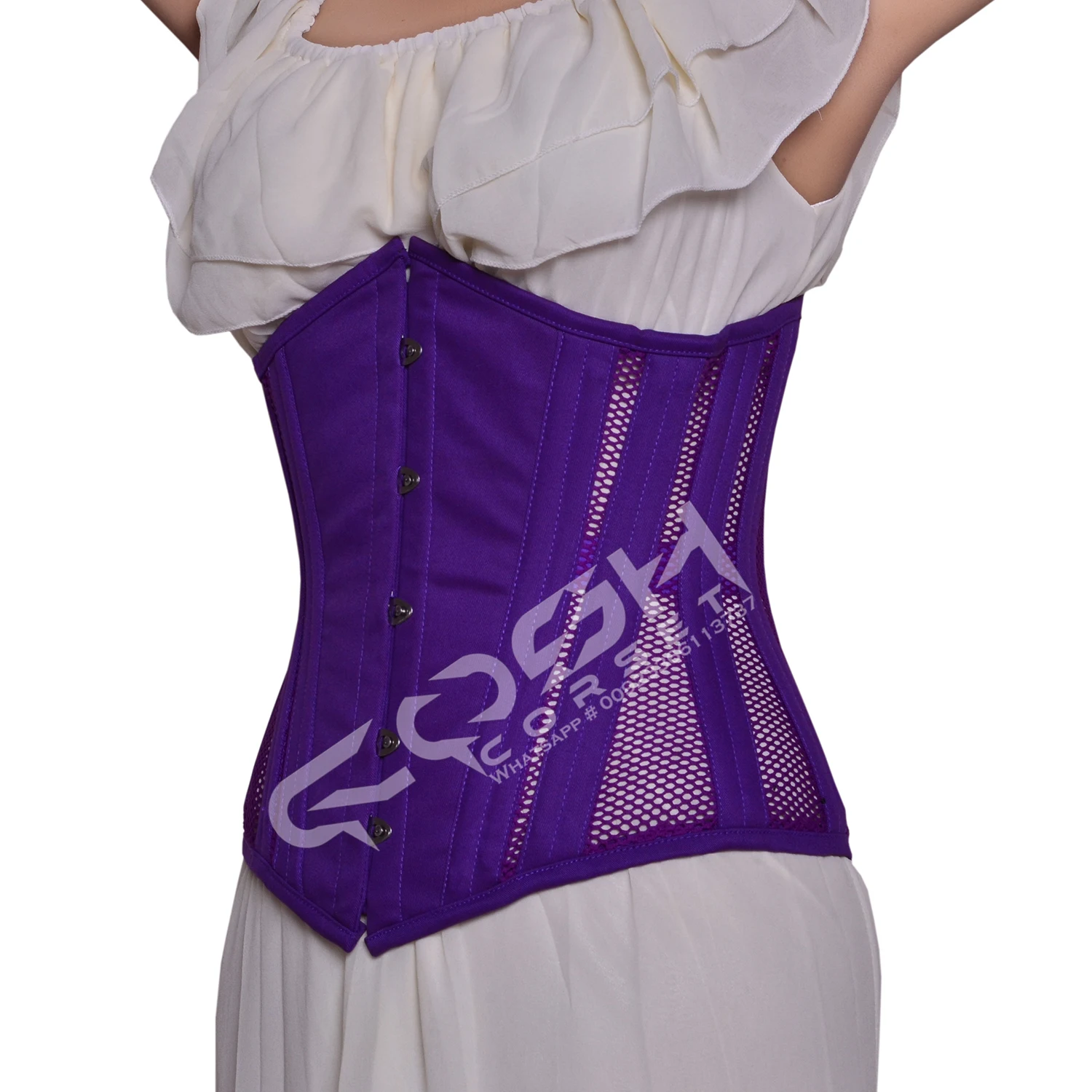 Party Wear Steel Boned Plain Purple Mesh And Cotton Under Bust With Extreme Curvy Shape, Waist Slimming Casual Wear Hourglass