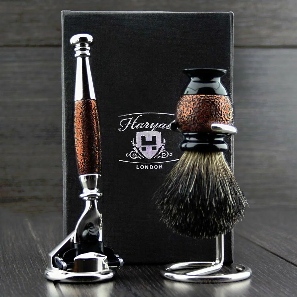 Maroon Antique Men Shaving Set(Triple Blade Razor,Badger Brush &Stands)