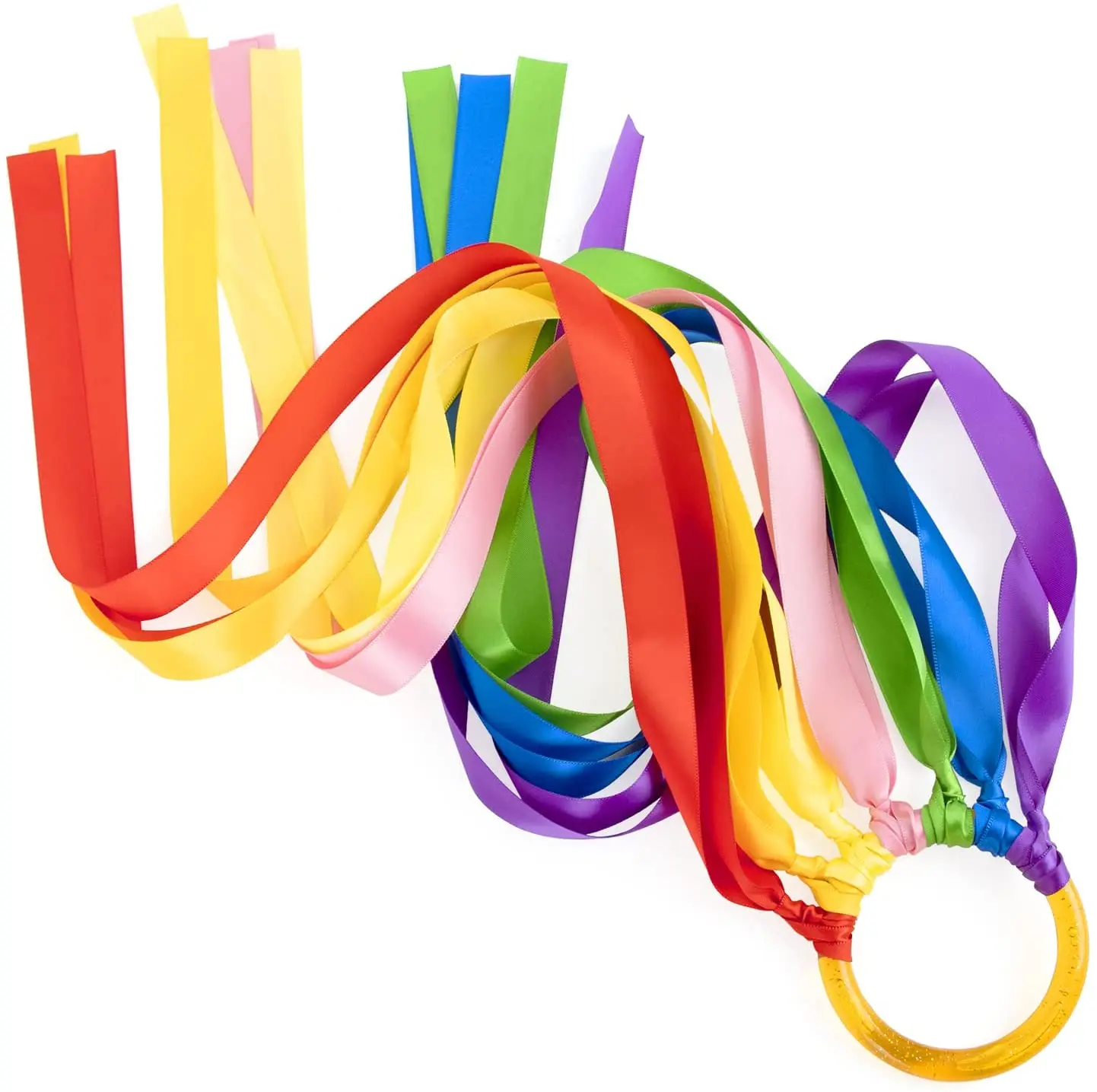 Rhythmic gymnastics ribbon dancing ring with plastic ring and satin rainbow color ribbons for dance and gymnastics