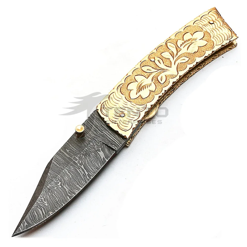 
 Красивый латунный складной карманный нож из дамасской стали с ручкой  