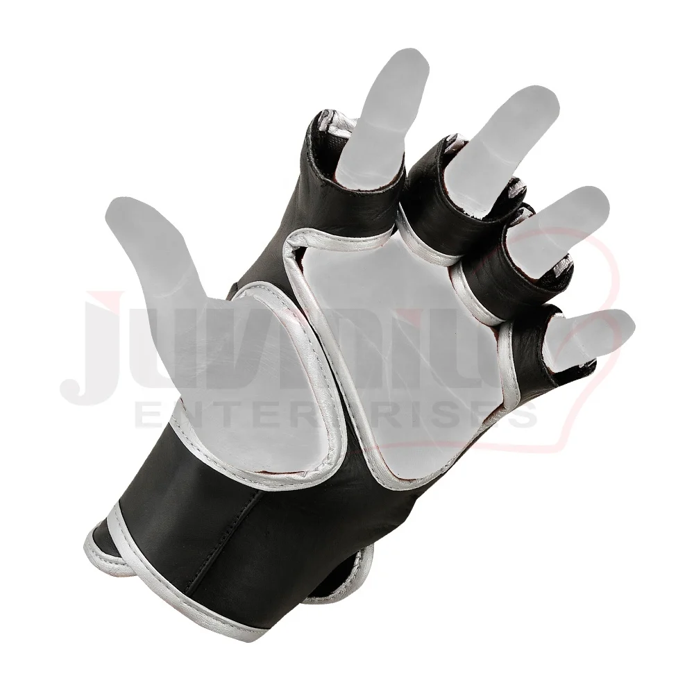 Custom Grey and black Half Finger Full Grappling Pro MMA Gloves leather boxing mma gloves with logo by juvinile enterprises