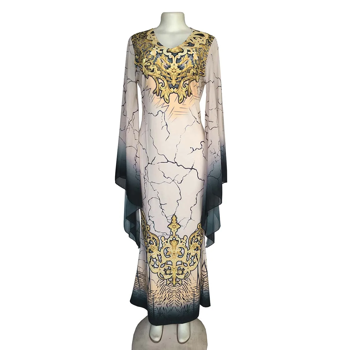 African fashion ladies ware printed v-neck fit body fish-tail big chiffon long hand long dress