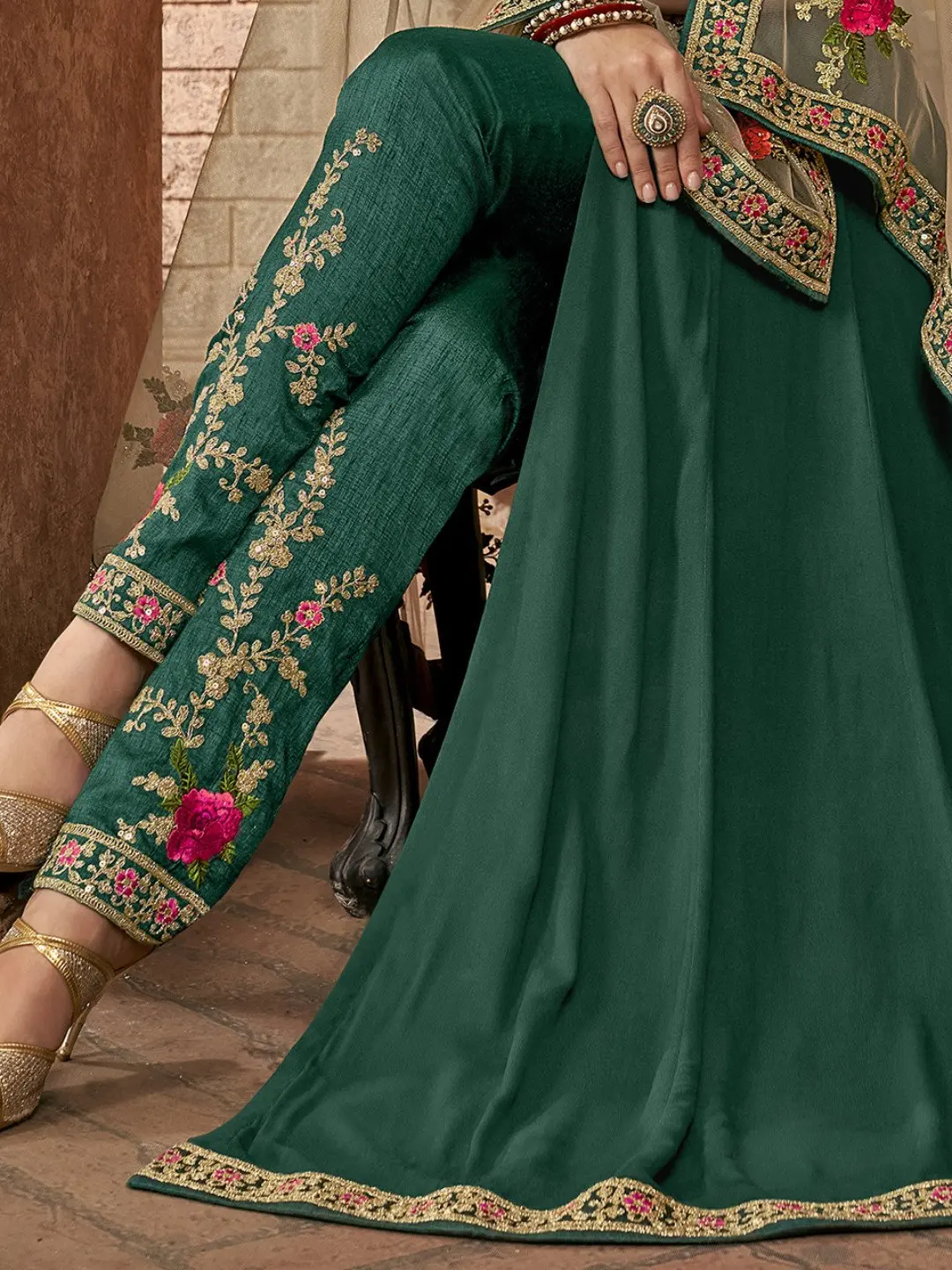 Embellished Bottle Green Georgette Semi Stitched Anarkali Suit Set Rich Material High-Quality Fabric Parties Festivals Functions