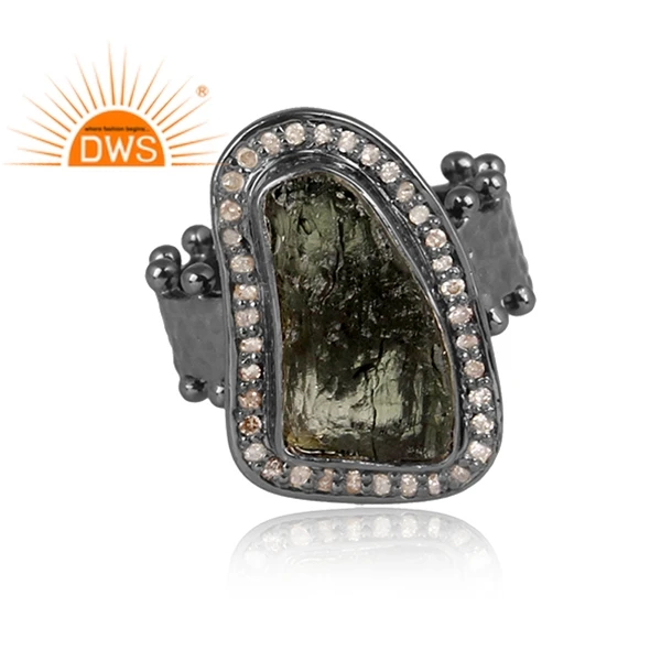 925 Sterling Silver Raw Moldavite Gemstone Ring For Christmas Jewelry Supplier For Women Gift For Her