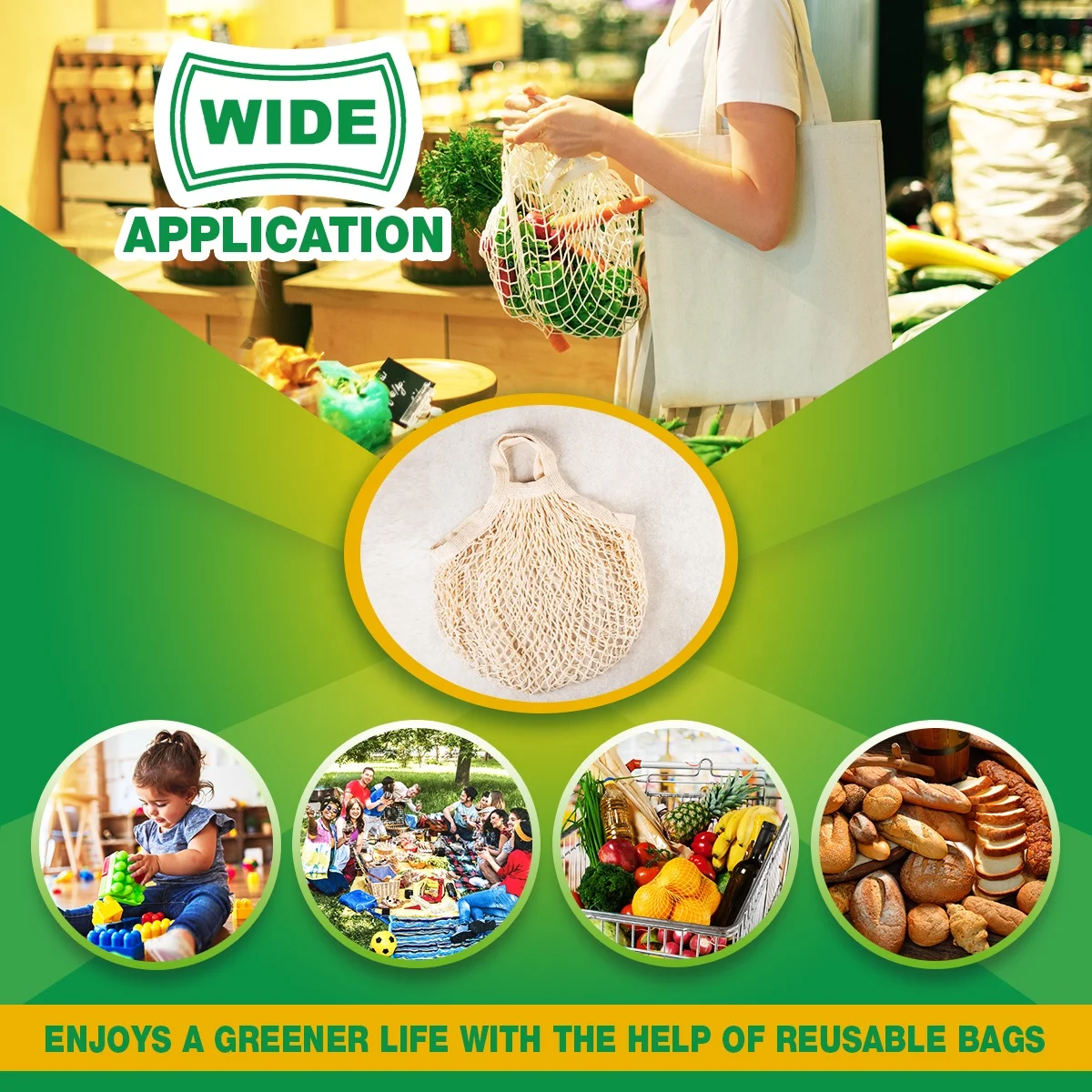 Tote Long Handle Eco-Friendly Reusable Multicolored Grocery Organic Cotton Mesh Shopping Bag for Fruit Women (30x40x40cm)