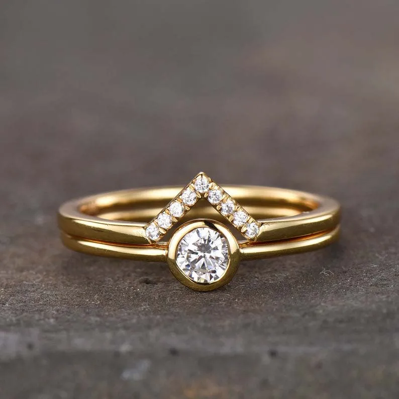 925 Sterling Silver Ring Set Minimalist Wedding Band Dainty Diamond Simulant Ring Bridal Set Yellow Gold Plated Handmade Jewelry