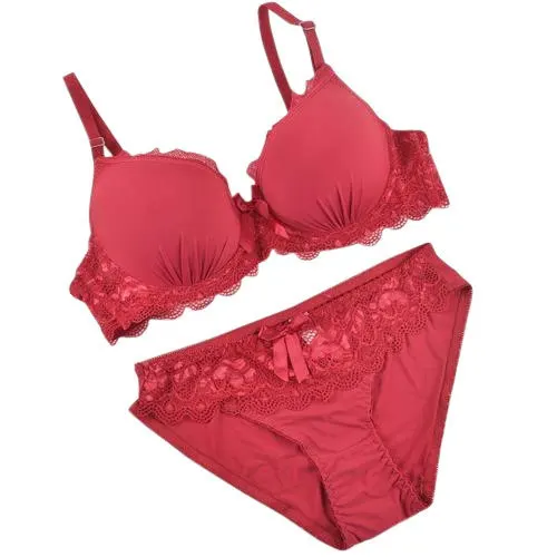 Red Color Hot Selling Women Lace Bra Brief Set Fashion Lace Transparent Push Up Bra Panty Set Women Underwear Set