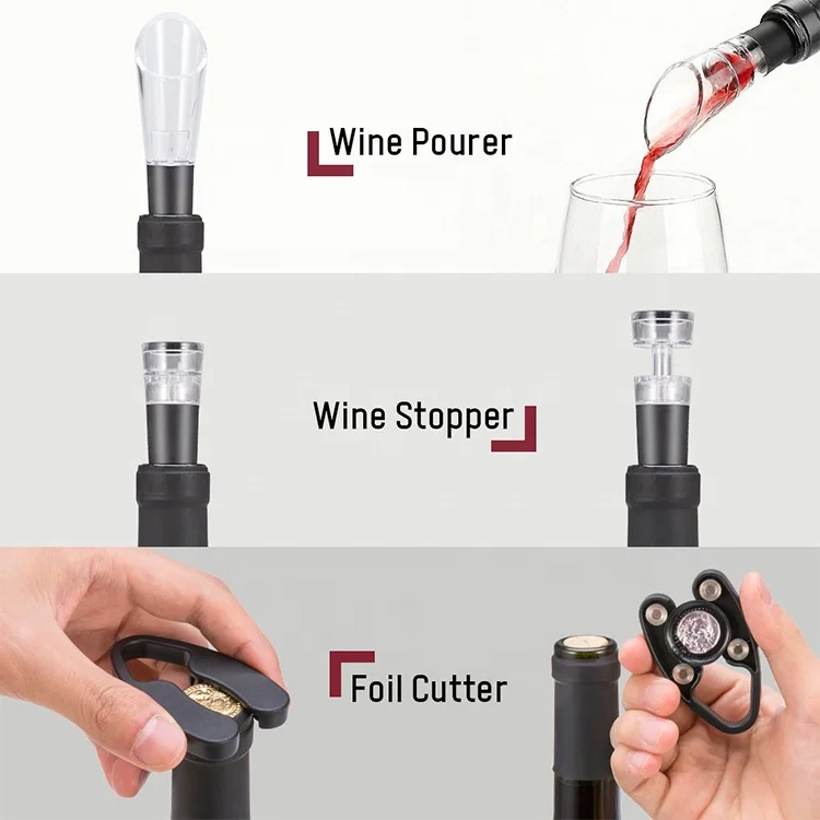 Manufacturer Bfull Cordless Electric Wine Bottle Opener Set, Air Pressure Corkscrew, Vacuum Stoppers, Foil Cutter and Pourer