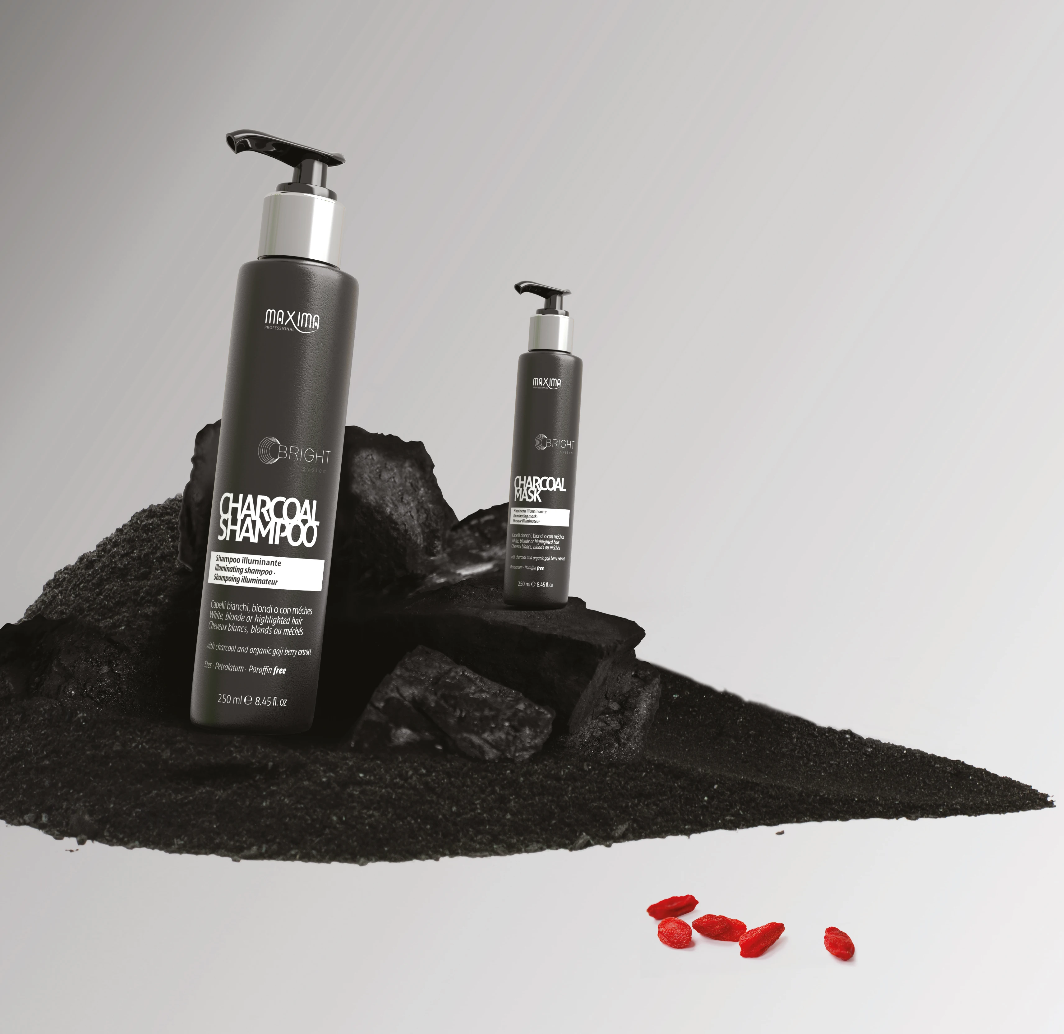 Made in Italy hair care activated charcoal conditioner cream and shampoo formulated to take care of blonde hair