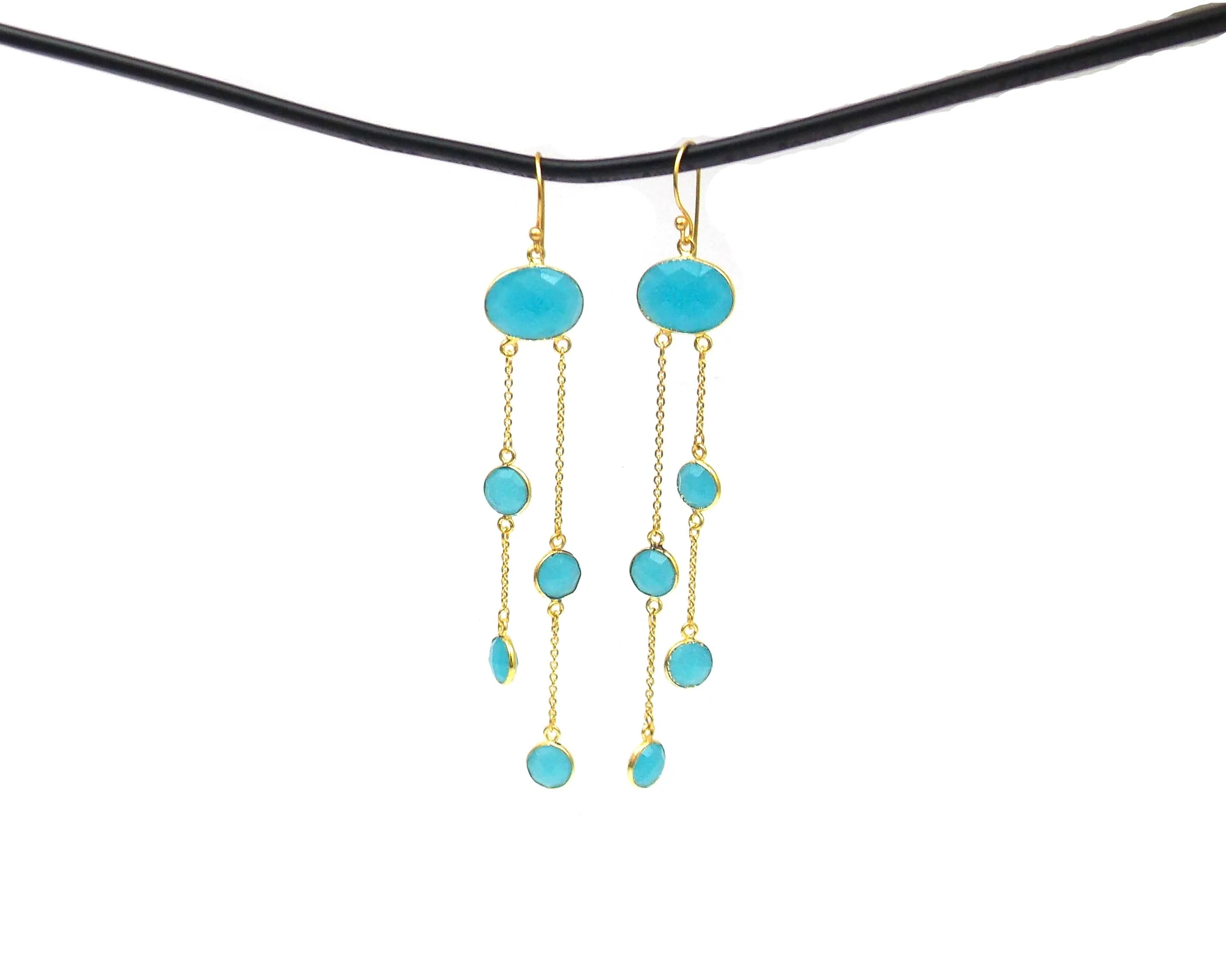 Beautiful New Design Aqua Chalcedony Gemstone Gold Plated Jewelry Making Fashion Hoop Earring Set Best Jewlry Component