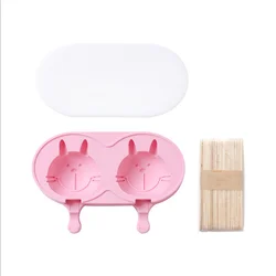 Amazing 2 Cavities Homemade DIY Reusable Silicone Animal Shaped Ice Cream Pop Maker Mold with Lids and Wooden Sticks