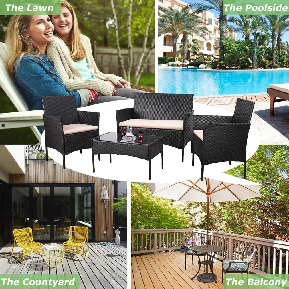 
4 Pieces Outdoor Patio Furniture Sets Rattan Chair Wicker Set, Outdoor Indoor Use Backyard Porch Garden Balcony Furniture 