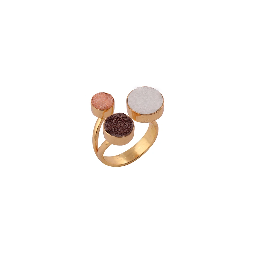 18k Gold Plated Peach, Brown And White Druzy Gemstones Adjustable Ring Three Stones Women Engagement Jewelry.  Mode Joyas R-002