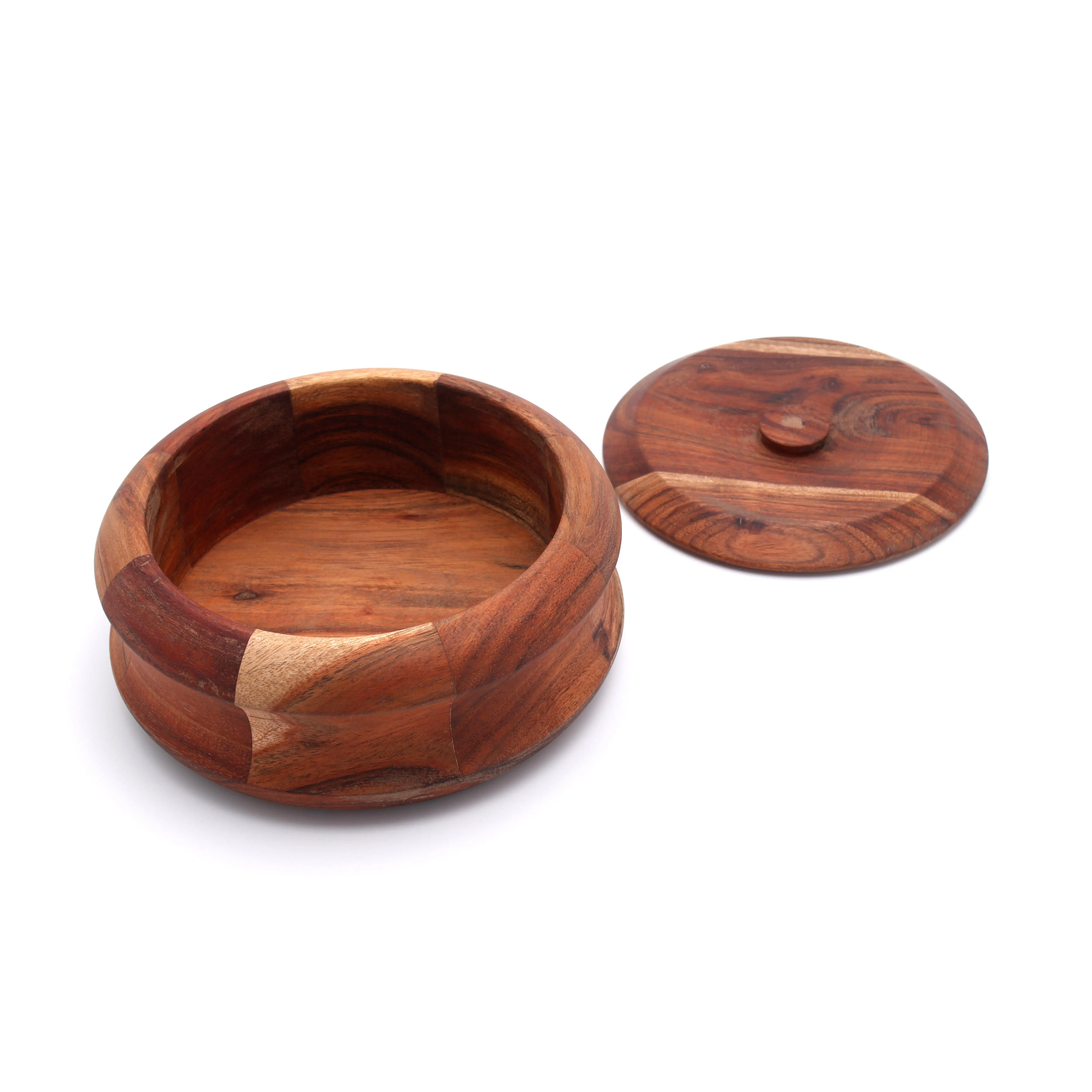 Acacia Bamboo Wooden Bowl With Lid Japanese Style Handcrafted Fruits Vegetable Serving Round Shape Wooden Large Bowl with Lid