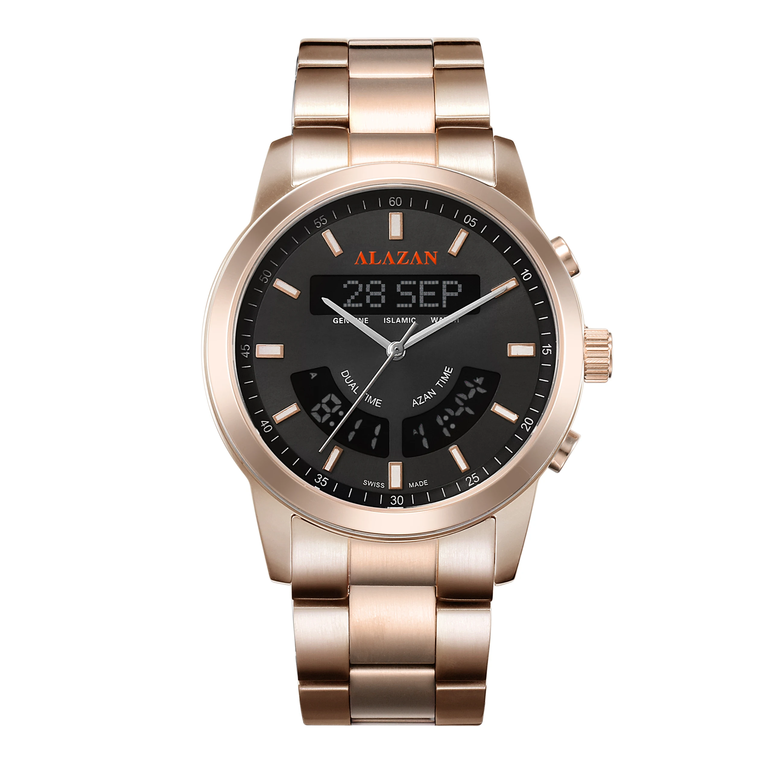 alazan Islamic alasr muslim azan alfajr Stainless steel prayer  qibla compass waterproof kaaba  clock watch factory wholesaler