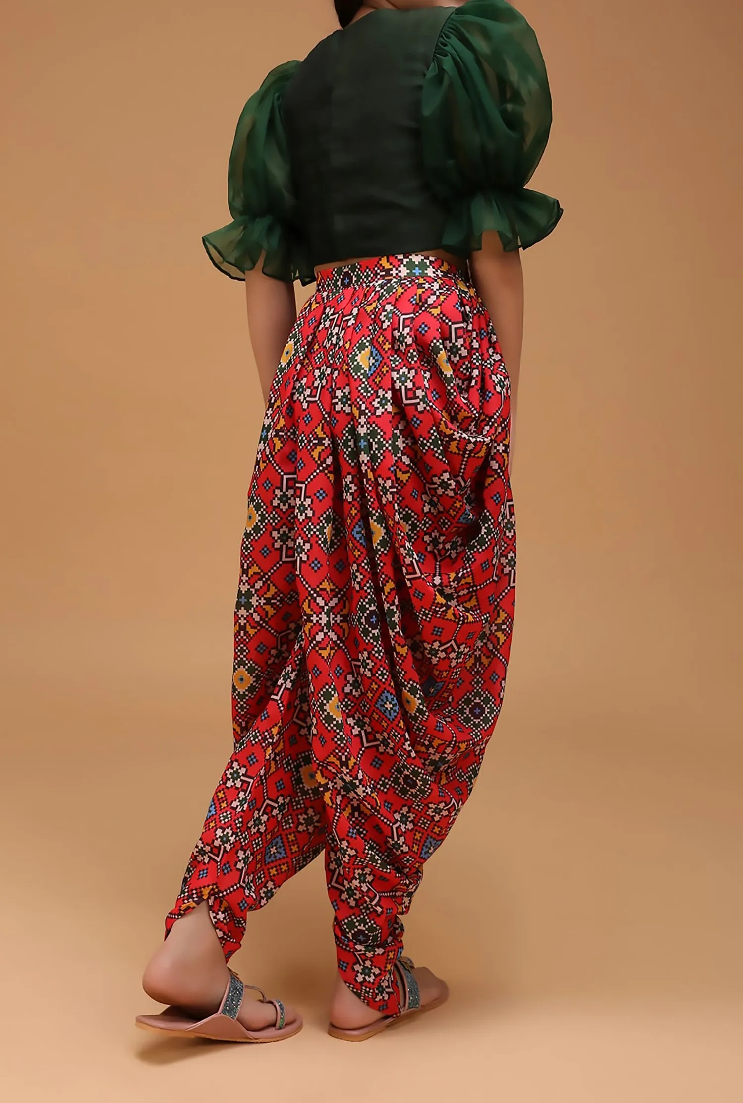 Fashion Clothing Girls Indian Patiala Punjabi Kids Wear Mirror Threadwork Green Top Patola Printed Dhoti finest elements