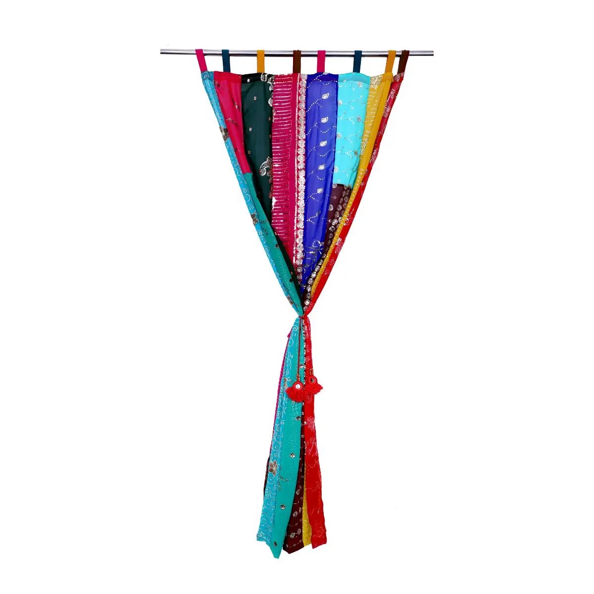 2 PC Vintage Curtain Indian Old Sari Patchwork Drape Window Decor Silk Curtain Valances Set