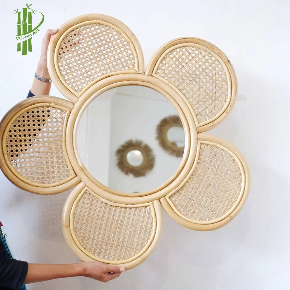 Wholesale Vanity Mirror Home Decor Flower Round Rattan Framed Mirror Decorative Wall Mirror for Home Hotel Restaurant Cafes