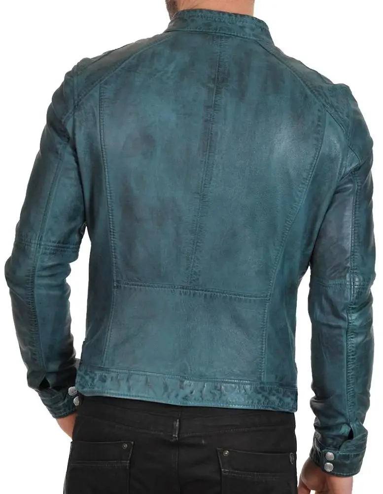 Mens European Style Waxed Leather Fashion Jacket / European style blue tight eco mens leather autumn jacket