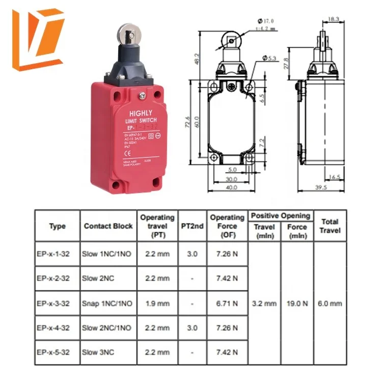 EP-2-5-32 Roller plunger type elevator door contact limit switch