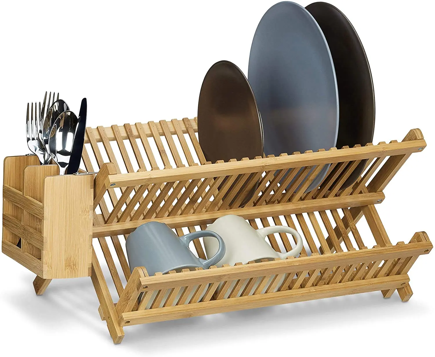 Cross Drainer Foldable Bamboo Dish Rack with Cutlery Basket For Large Plates and Cups