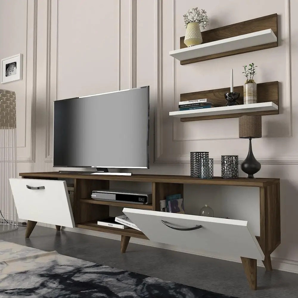 Ayden Simple Wood Tv Stand Modern Furniture White Walnut with Wallshelf