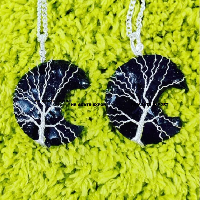 Green Gold Stone Moon Shape Tree Of Life Wire Wrapping Arrowheads Pendant Jewelry Necklace Wrap Arrowhead Pendant