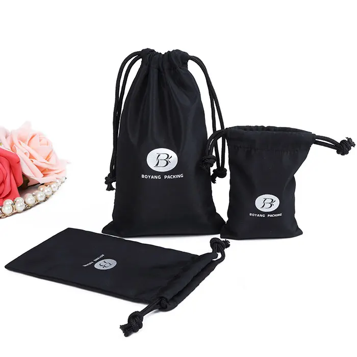 Fashion design mini black drawstring bags organic soft cotton pouches with custom logo