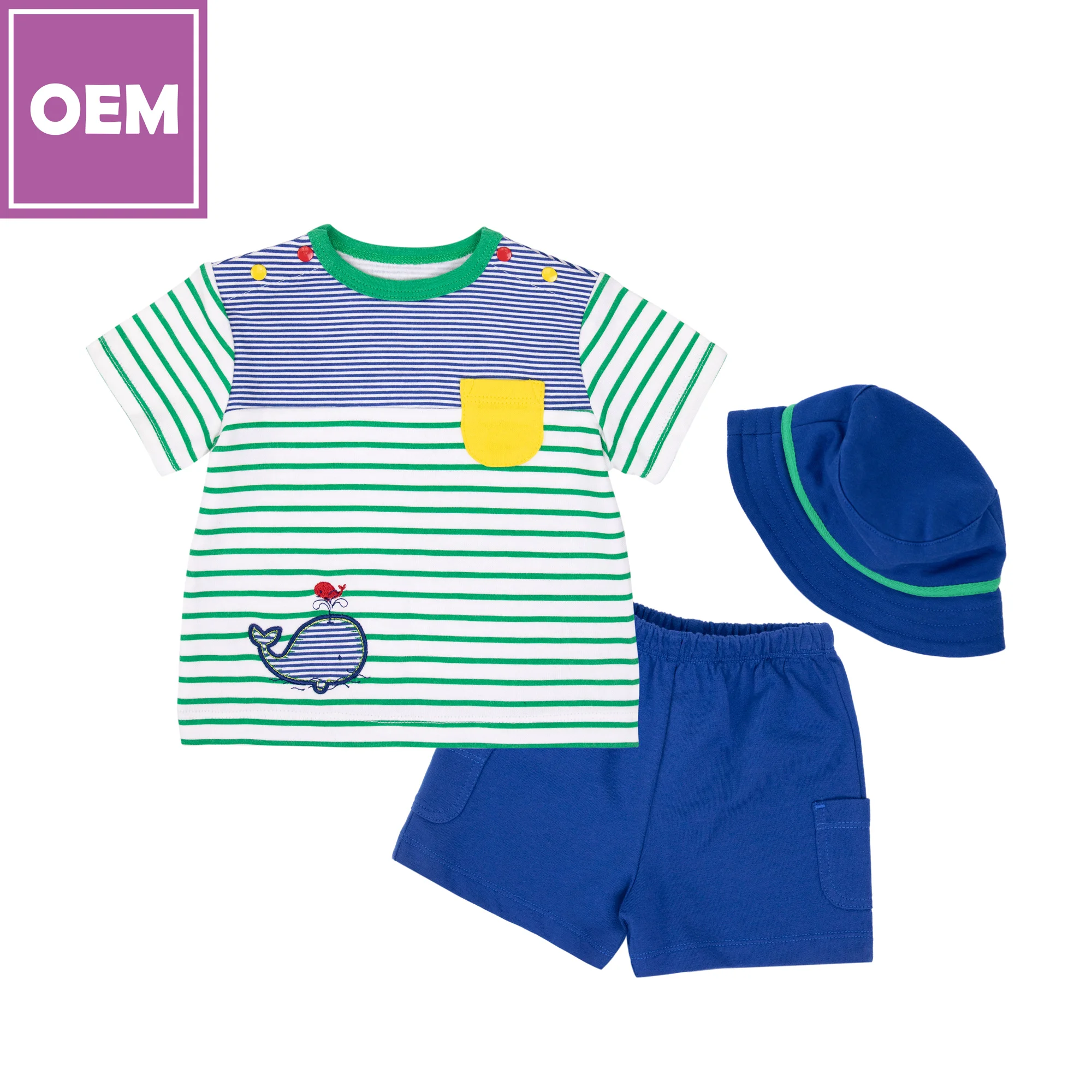 Baby Boy Clothes Set Toddler Trendy OEM Tshirt Cap Cute Beanie Strip Custom Summer Cotton