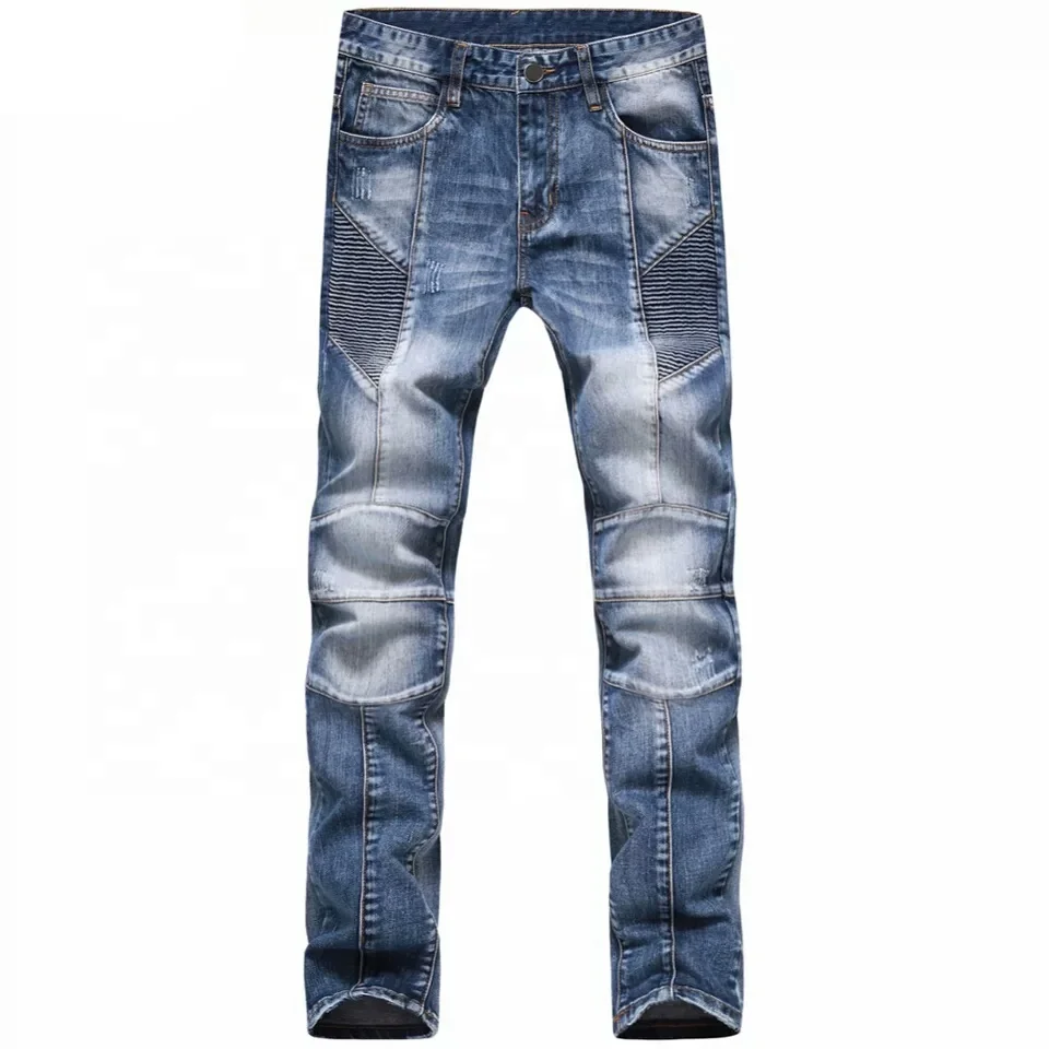 Men tie and dye washed slim stretch biker jeans casual ripped bleached dark blue denim pants for motorcycle