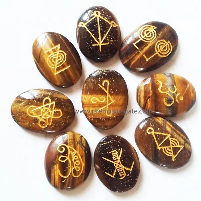 
Tiger Eye Karuna Reiki Engraved Symbols 9pc Oval Shape Reiki Set : wholesale reiki sets supplier 
