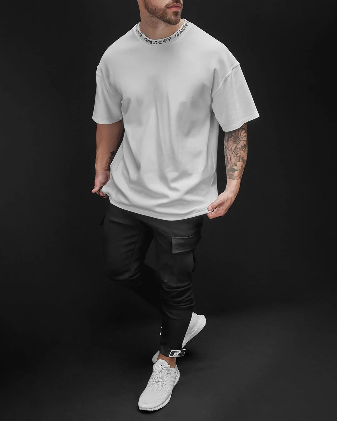 QYOURE MTS23 Custom Logo Jacquard Ribbing Heavy Weight Oversized Mens Ribbed Collar Rib Neck T Shirt