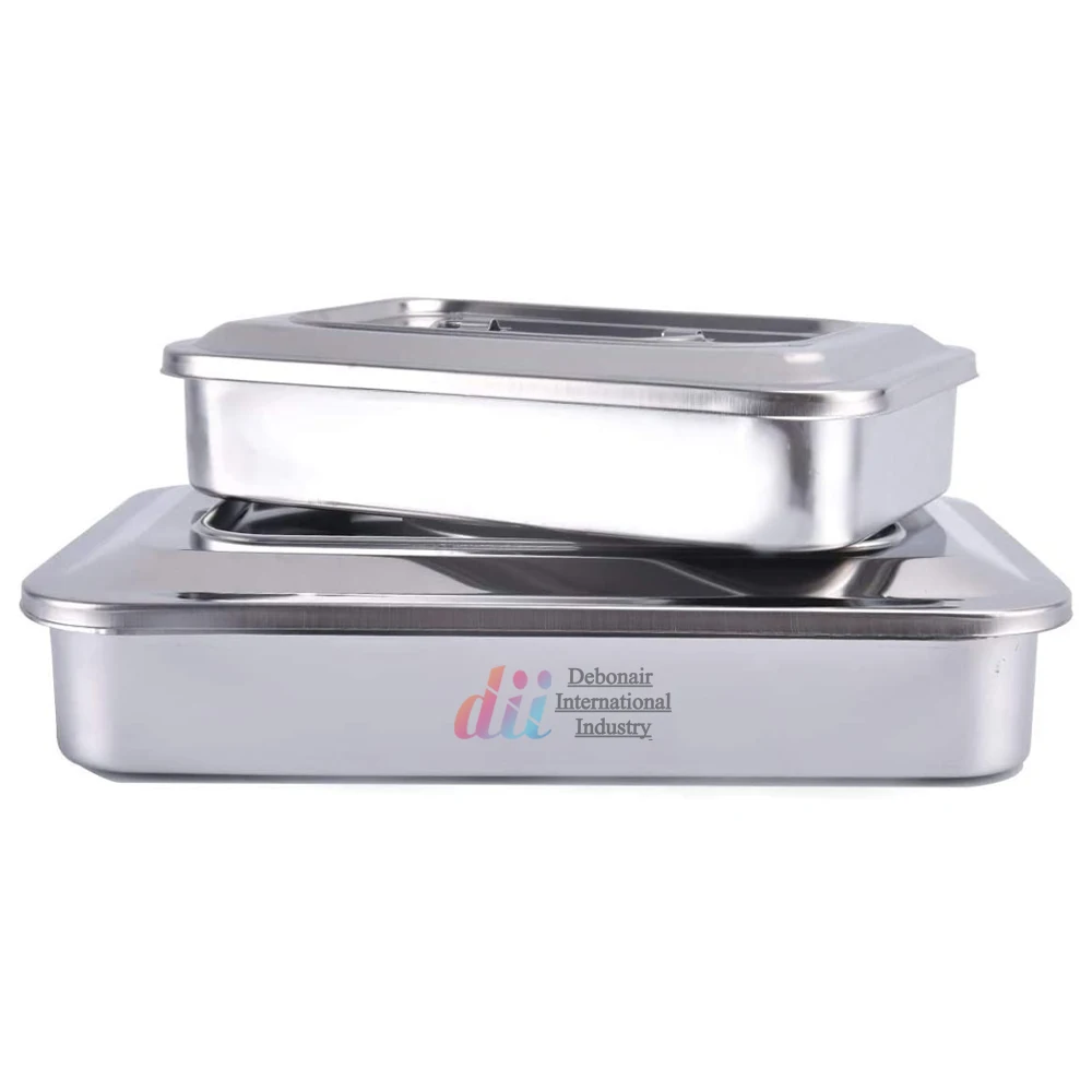 Medical Surgical Trays Stainless Steel Dental Instruments Tray Sterilization Trays Box with Lid & Handle Without Hole