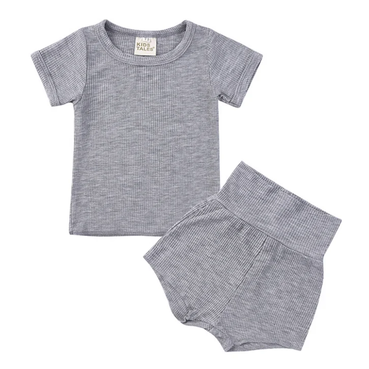 
2021 summer Kids Tales new baby clothing set soft rib cotton solid color unisex toddler underwear baby short sleeve pajamas sets 