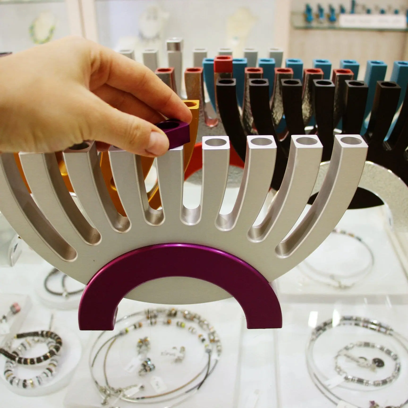 Modern Design Aluminium Candelabra menorah with bone inlay in blue candle stick for hanukkah 7 arms at wholesale price in nickel