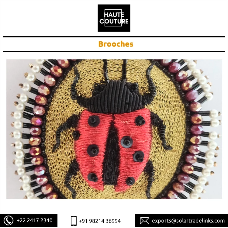 Genuine Quality Oval Shape Handmade Fashion Jewelry Thread Embroidered Red Lady Bug Beetle Brooch for Women from India