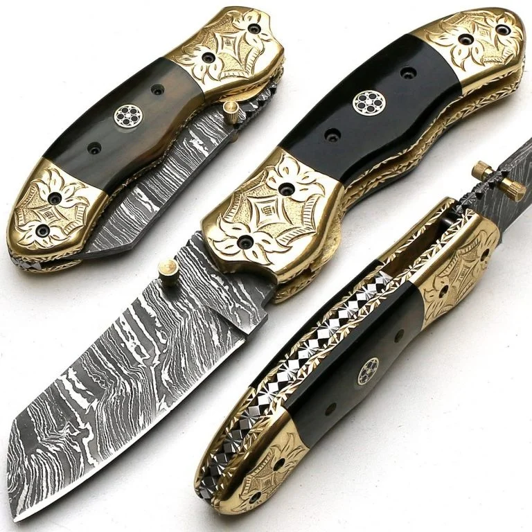 JUST AWESOME CUSTOM DESIGN HAND MADE DAMASCUS FOLDING KNIFE WITH BLACK HORN HANDLE AND AMAZING ENGRAVING AND FILE WORK