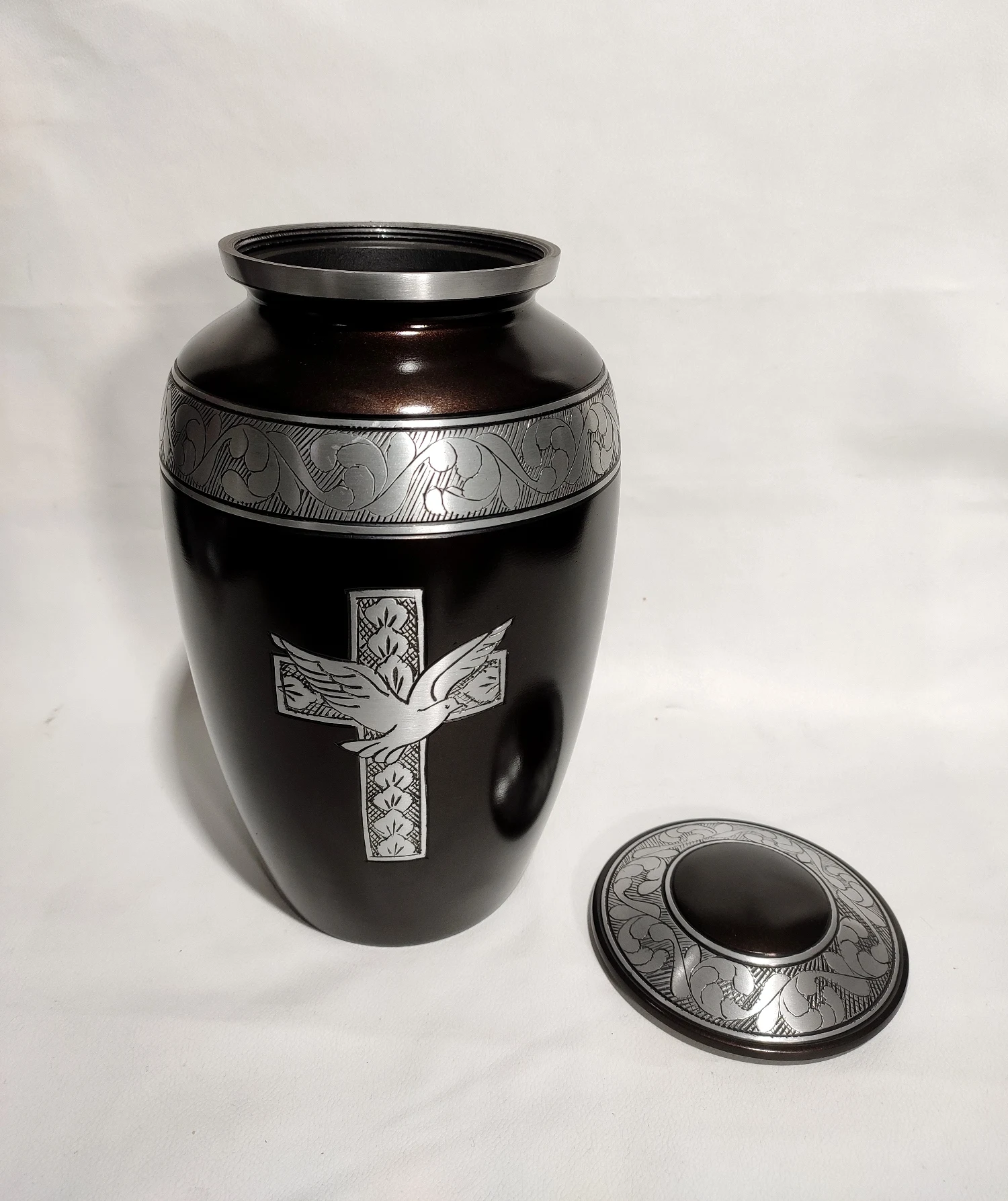 Crucifix Engraving Cremation Urn Handmade Aluminum Casted Engraved Funeral Adult Cremation Urn By The Muse Inc