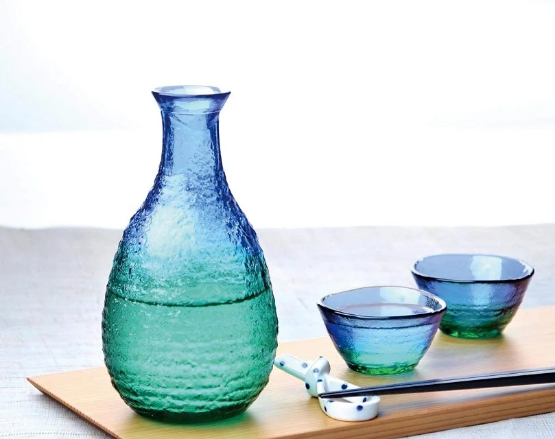 TOYO SASAKI GLASS blue and green cold sake glass set made in JAPAN 14802