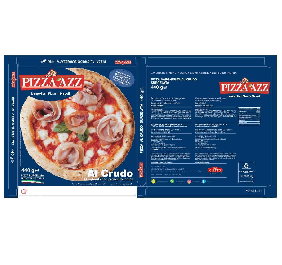 Made in Italy top quality frozen single box pizza Margherita with Prosciutto Crudo for retail and catering