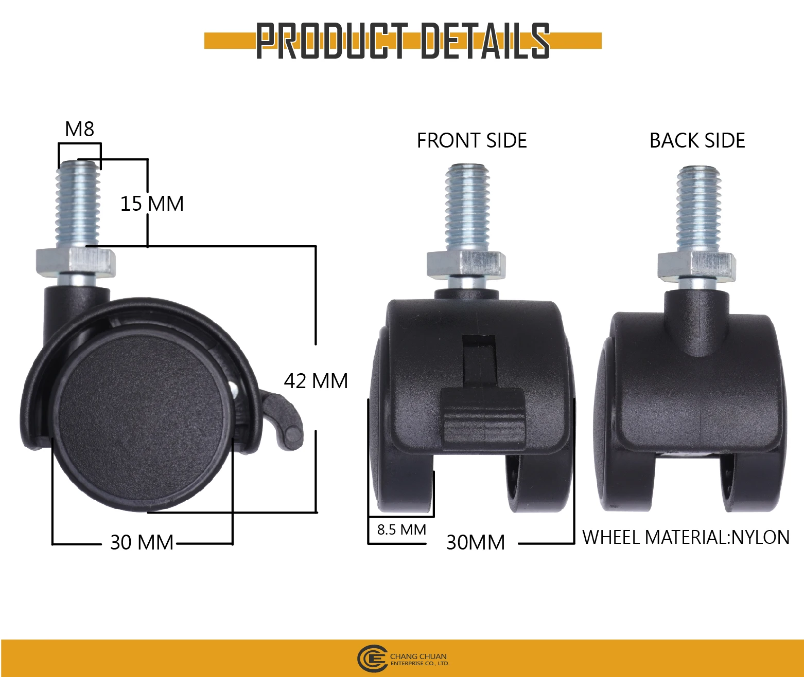 Furniture Plastic Twin Caster Nylon M8 30mm Wheels With Brake.jpg