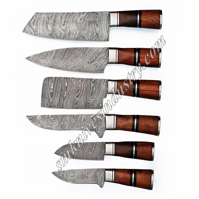 Handmade Damascus Stainless Steel Cleaver Kitchen Knife Set 6-Piece Leather Case Handle 8-Inch Blade 5-Inch Wood Handle Cleaver