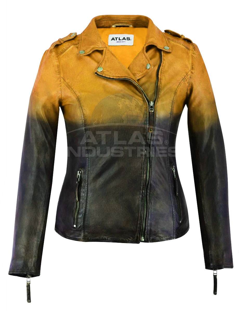 
 Golden Stylish Leather Jacket made with Genuine Sheep Skin and Gun Metal Zipper and accessories - Stylish biker jacket  